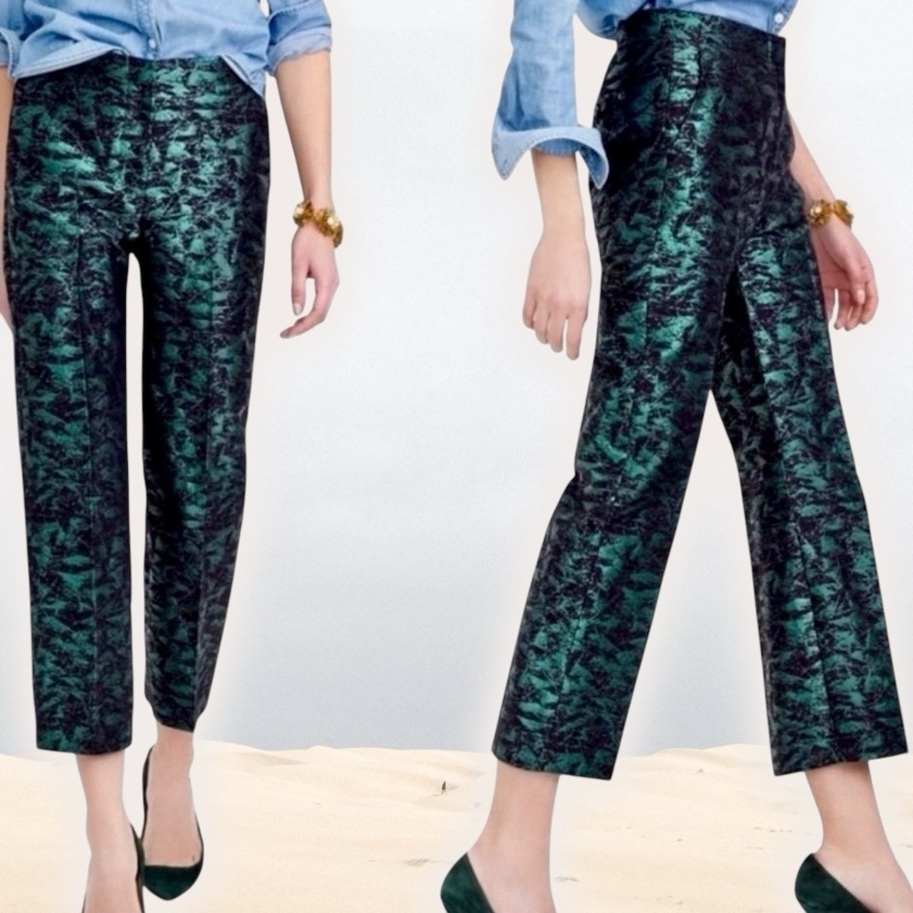 NWT J. Crew ‘Patio Cropped Pant’ in “Evergreen Metallic Jacquard” Size 6 Petite